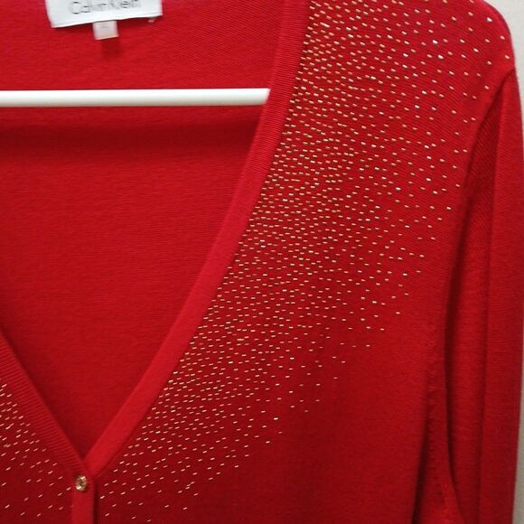 Calvin Klein Red Gold Dots Logo V-neck Gold Button Up Cardigan Sweater XL - Picture 3 of 16